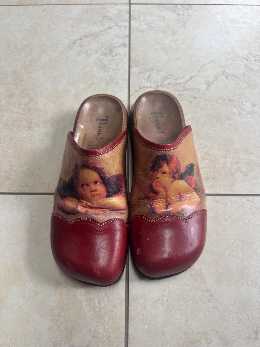 Think! Kids Burgundy and Tan Angel Print Slip-Ons